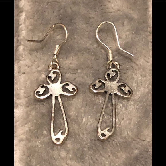 Sterling Silver Cross w/ Blue Bead Earrings - Picture 3 of 4